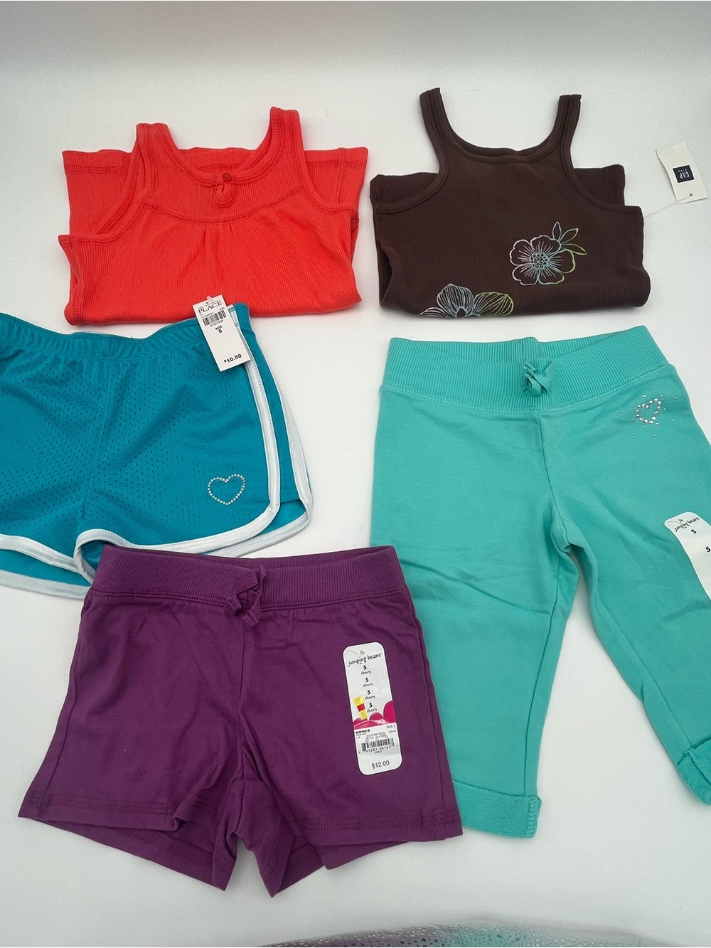 NEW Girls Activewear 5 pc LOT summer Bundle Turquoise Coral Brown Purple sz 4-5